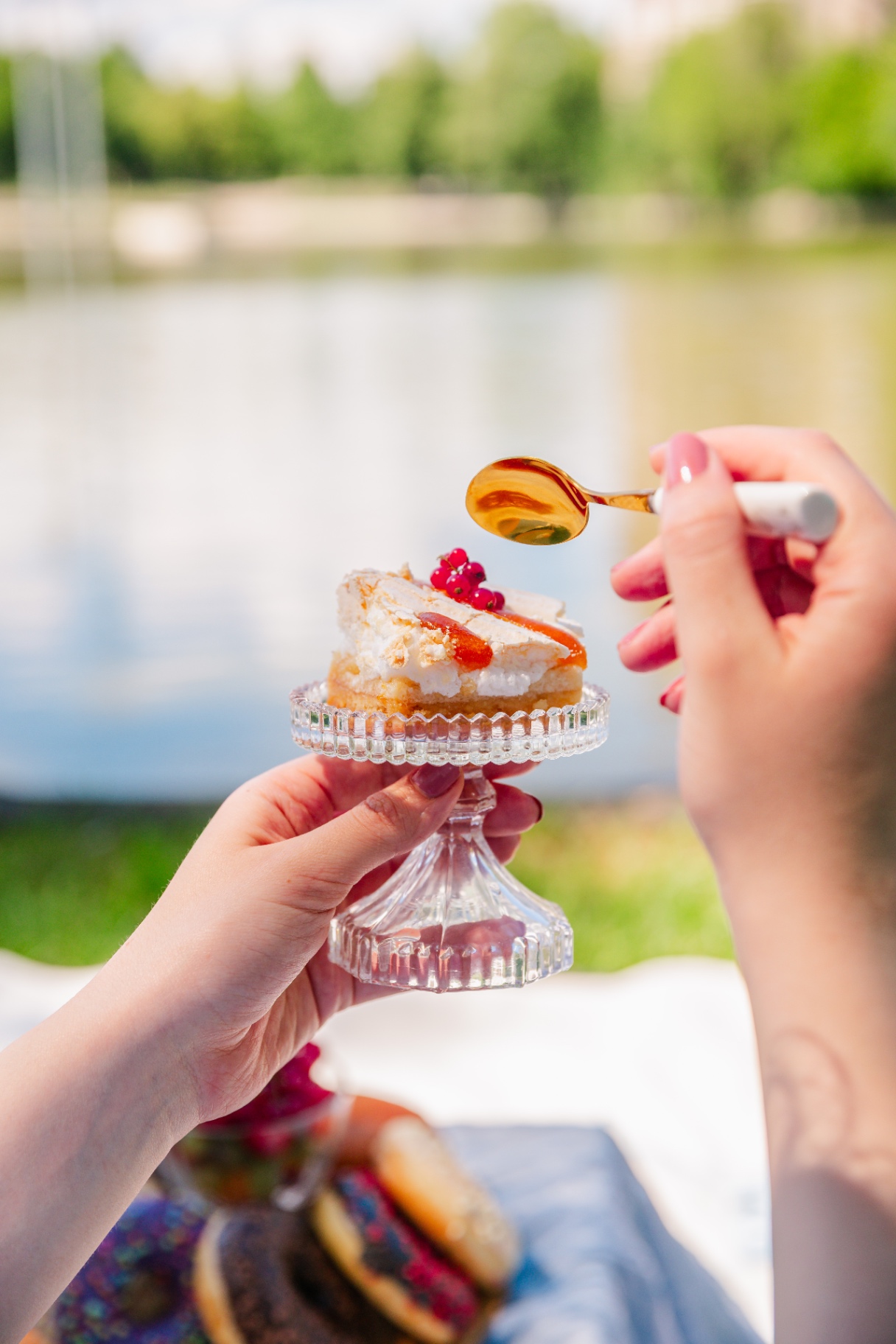 Hands holding a mini cake with red currants by the riverside