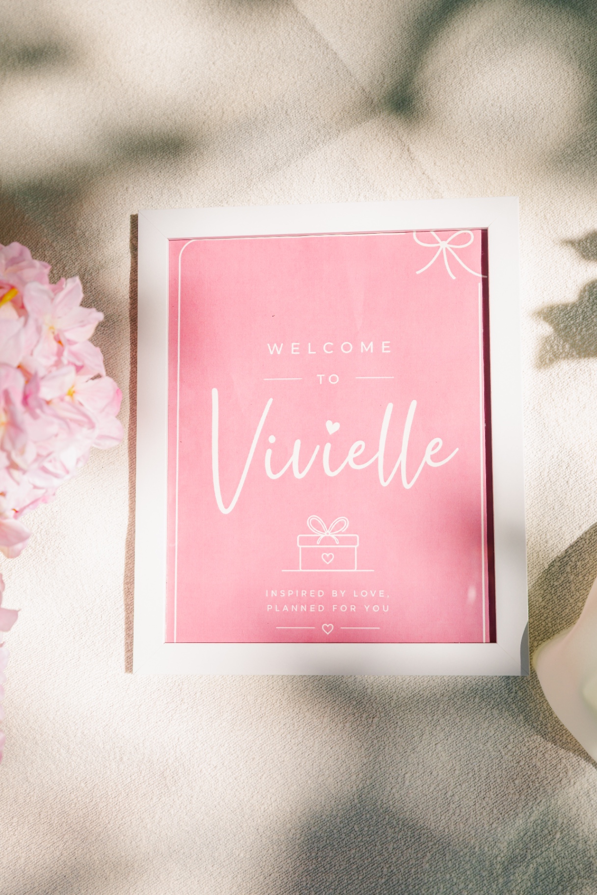 Pink Welcome to Vivielle framed sign with cherry blossoms